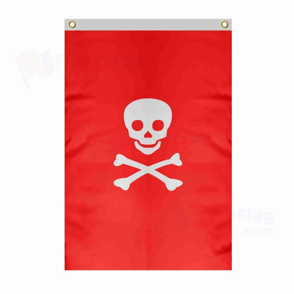 Jolly Roger Red Large Size Flag Hanging on Building